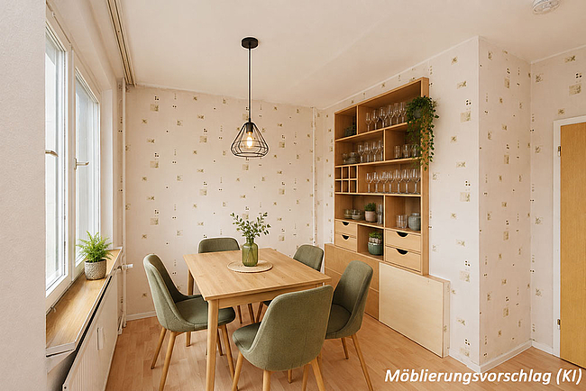 Wohnzimmer_durchreiche_01_moebliert (KI): 3-Raum-Wohnung Am Rosengarten 83a
